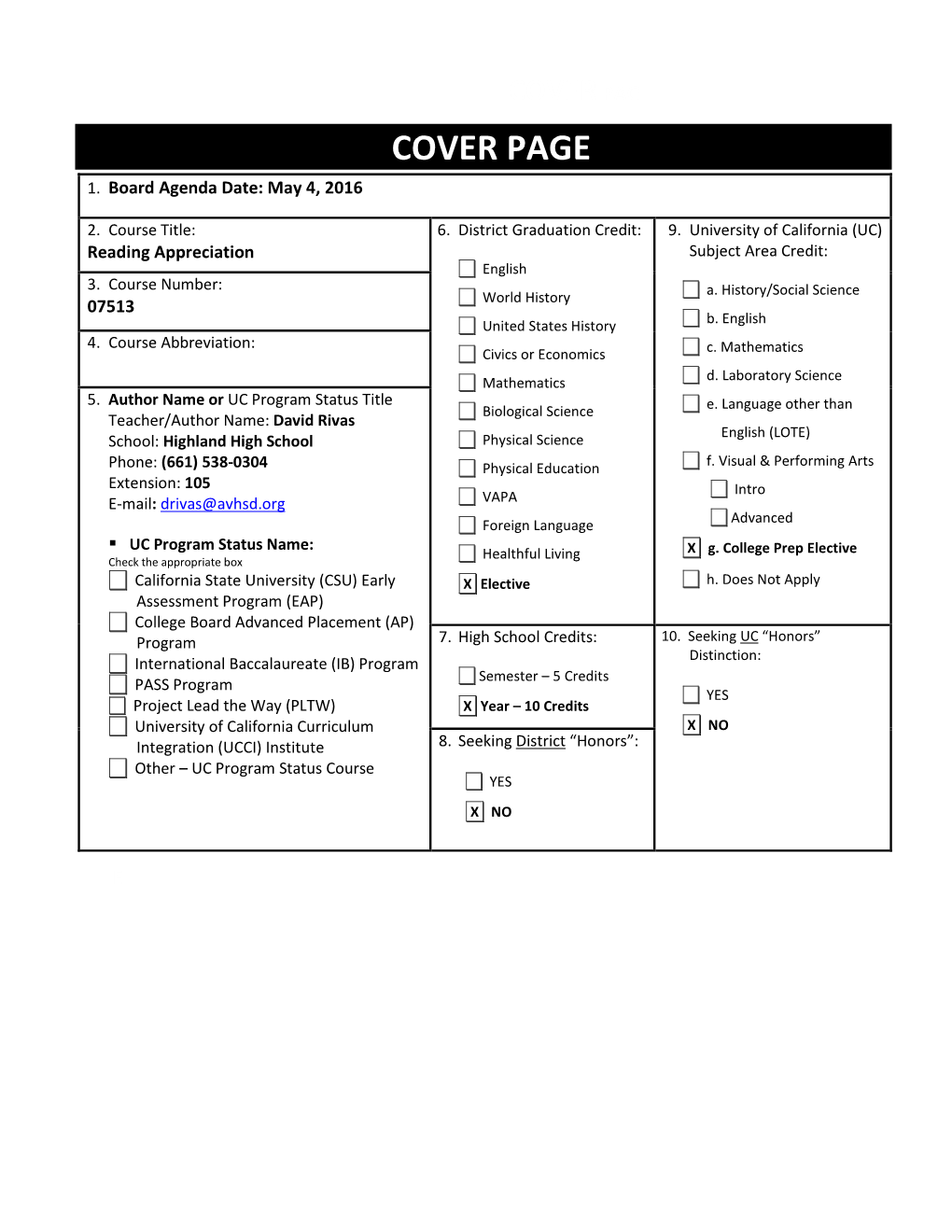 Reading Appreciation Subject Area Credit: English 3