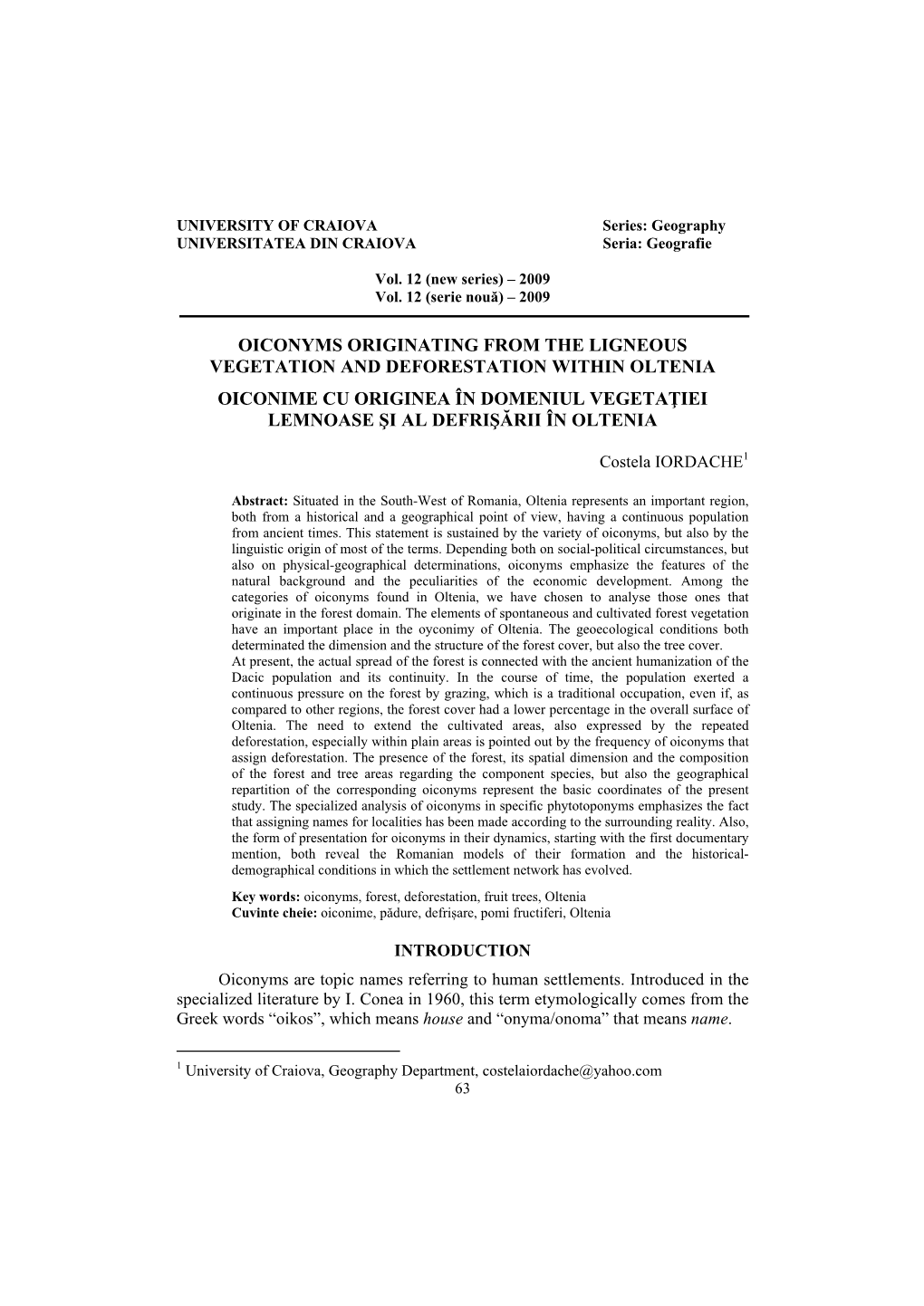 Oiconyms Originating from the Ligneous Vegetation and Deforestation Within Oltenia