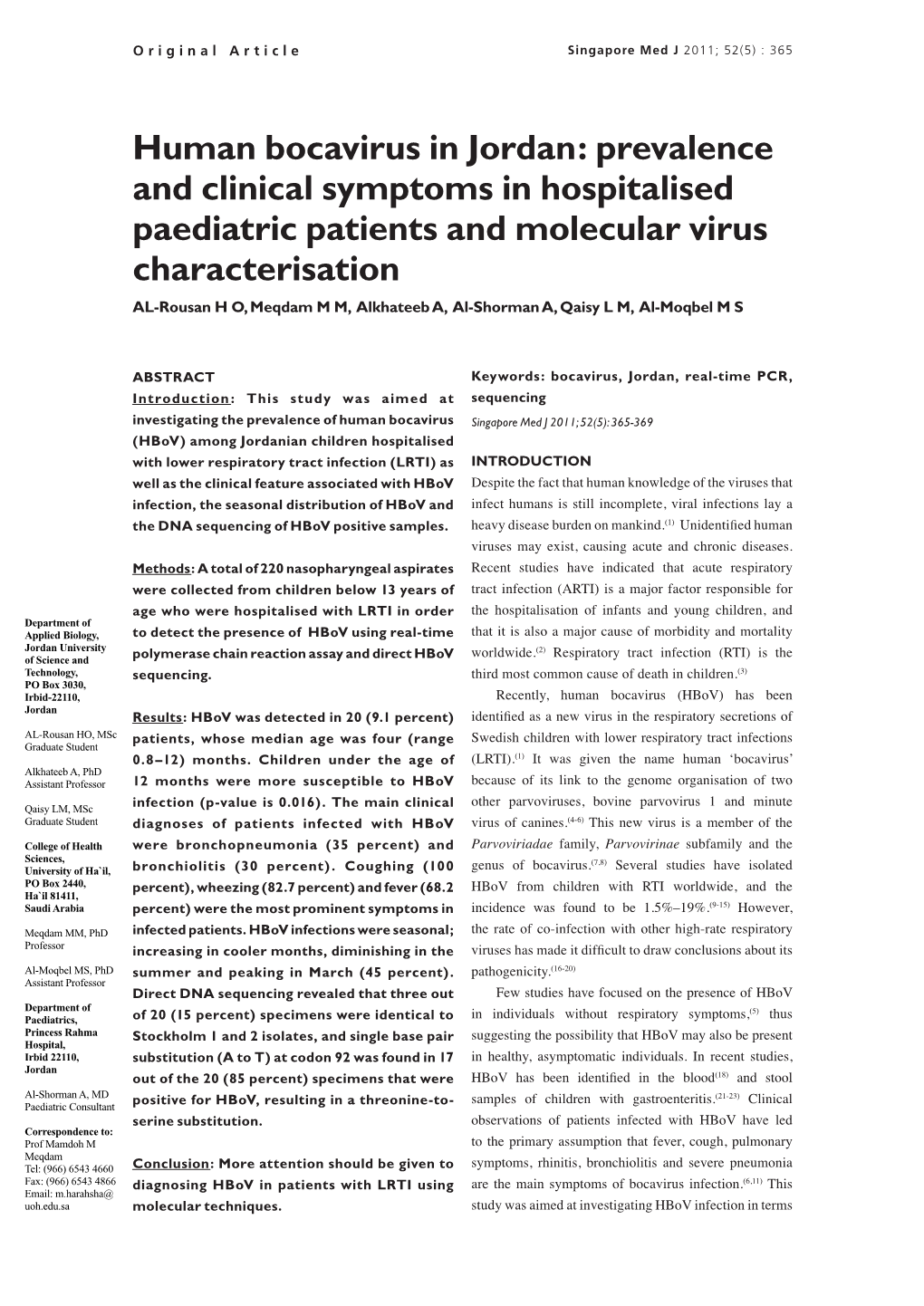 Human Bocavirus in Jordan: Prevalence and Clinical Symptoms