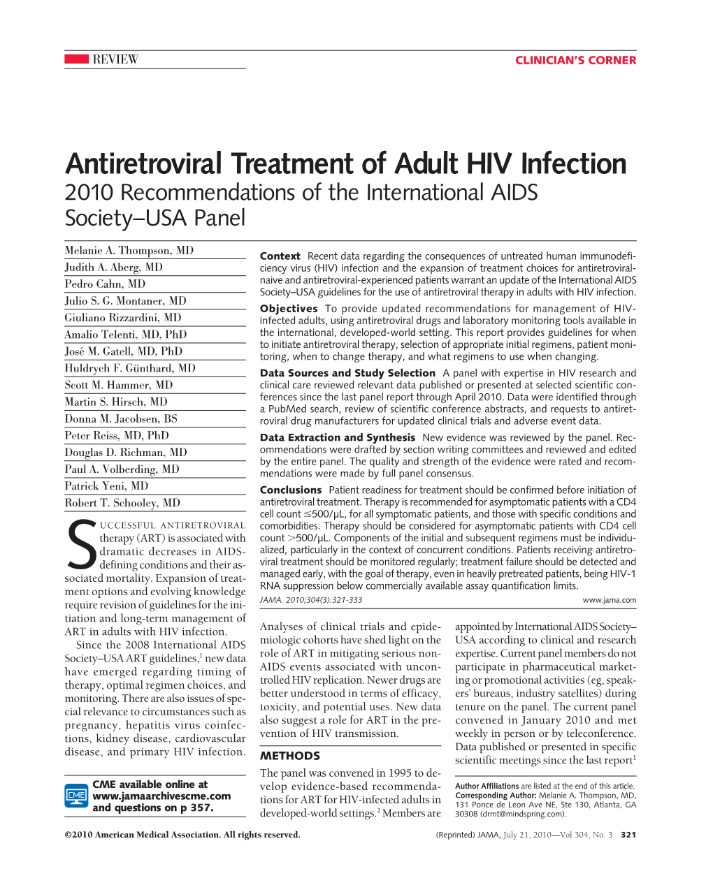 Antiretroviral Treatment of Adult HIV Infection 2010 Recommendations of the International AIDS Society–USA Panel