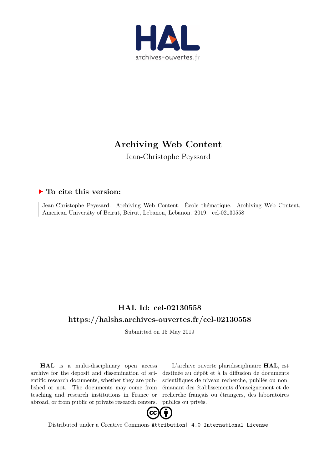 Archiving Web Content Jean-Christophe Peyssard