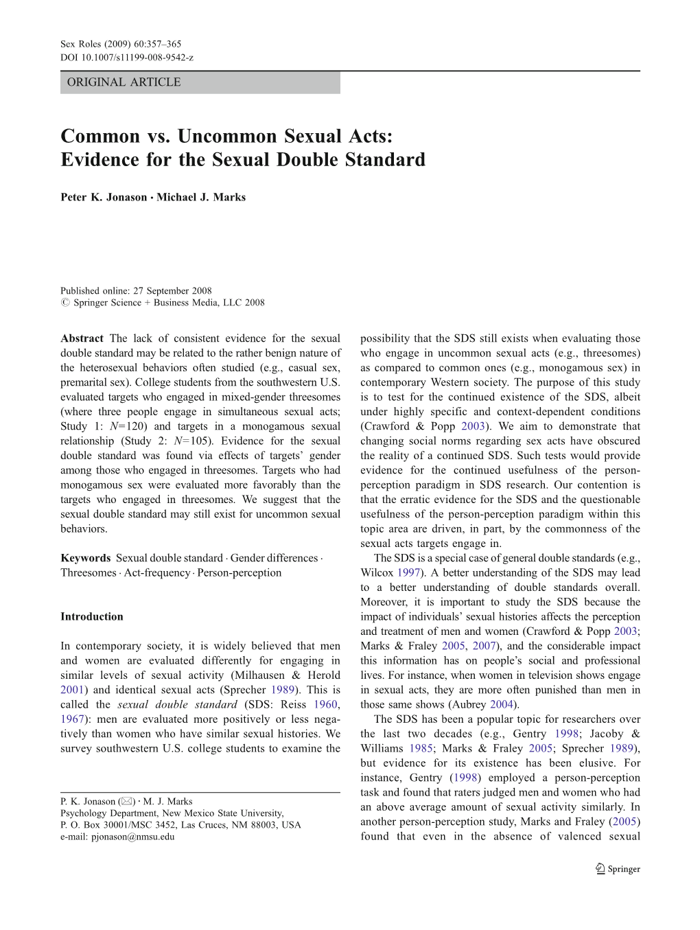 Common Vs. Uncommon Sexual Acts: Evidence for the Sexual Double Standard