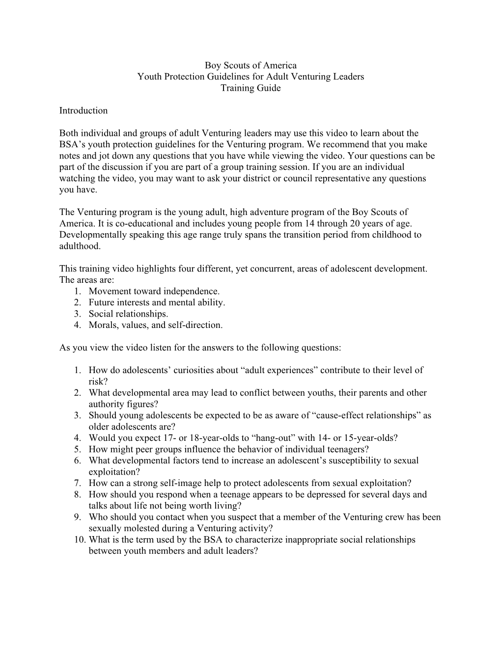 Boy Scouts of America Youth Protection Guidelines for Adult Venturing Leaders Training Guide