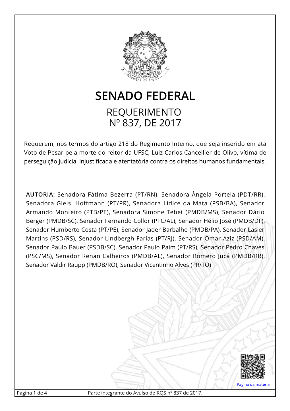 Senado Federal Requerimento Nº 837, De 2017