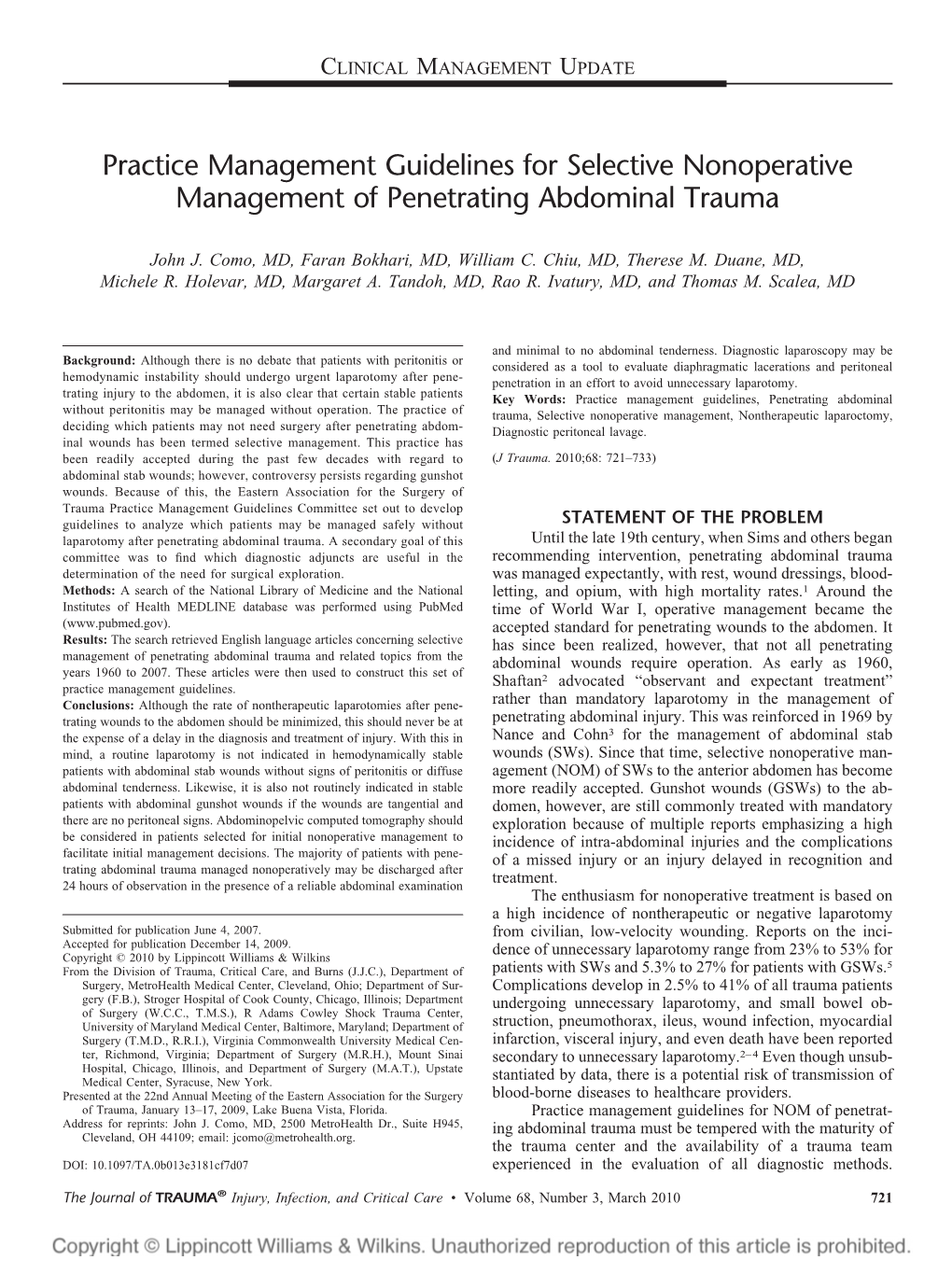 Practice Management Guidelines for Selective Nonoperative Management of Penetrating Abdominal Trauma