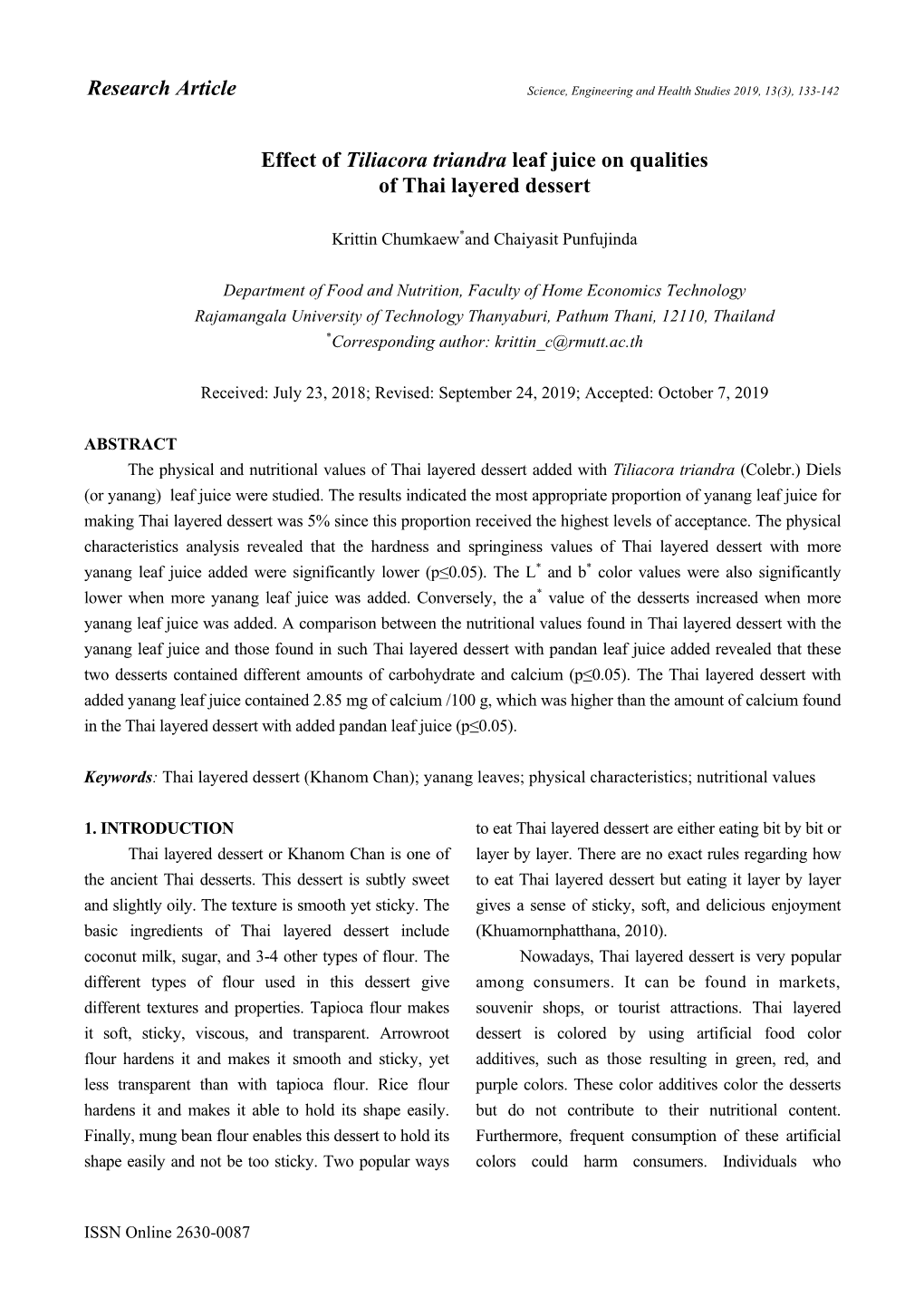 Research Article Effect of Tiliacora Triandra Leaf Juice on Qualities of Thai Layered Dessert