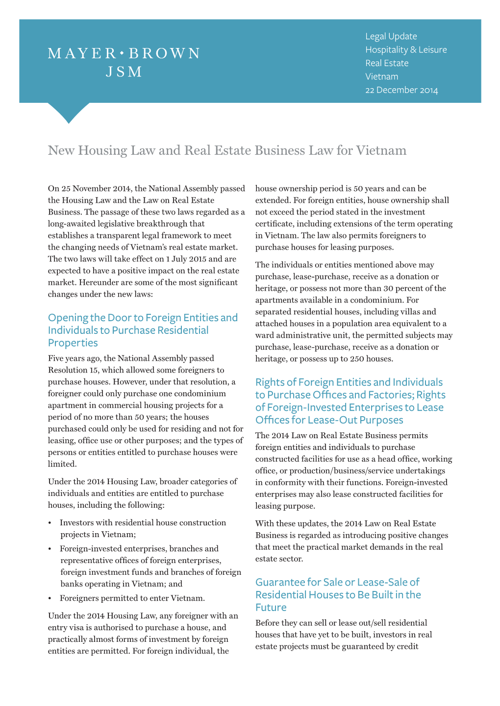 New Housing Law and Real Estate Business Law for Vietnam