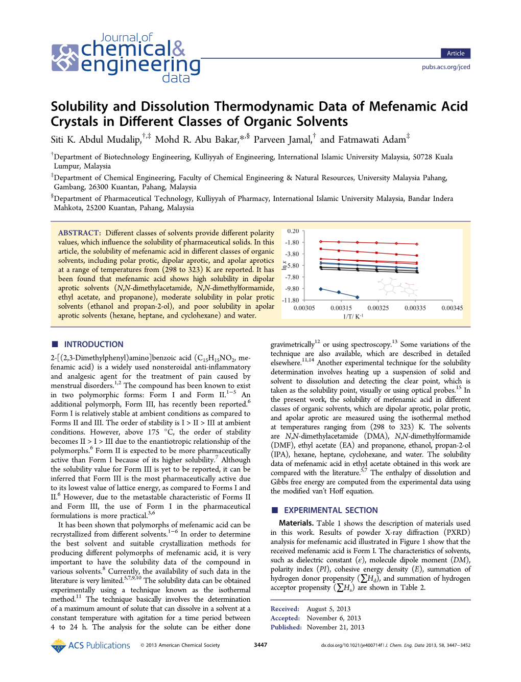 Solubility and Dissolution Thermodynamic Data of Mefenamic Acid Crystals in Different Classes of Organic Solvents