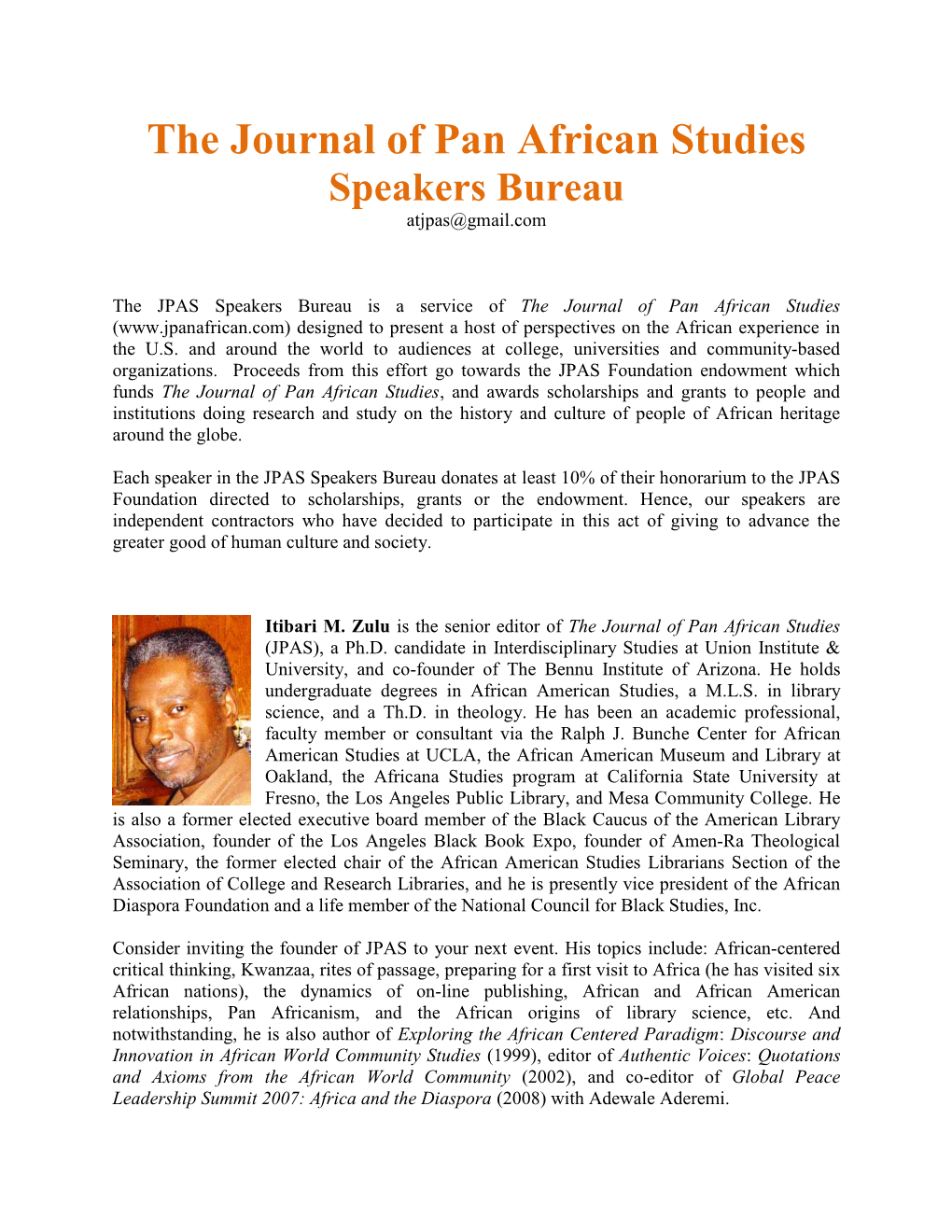 The Journal of Pan African Studies Speakers Bureau Atjpas@Gmail.Com
