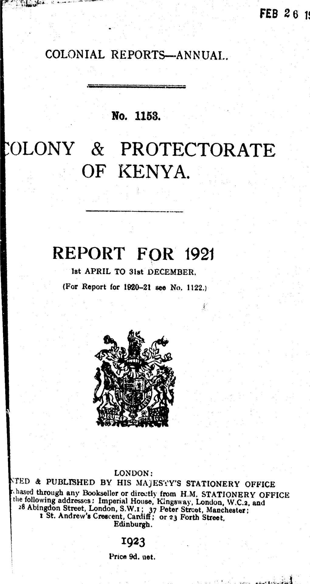 Annual Report of the Colonies, Kenya, 1921