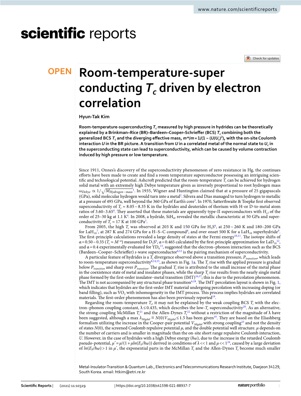 Room-Temperature-Superconducting Tc Driven by Electron Correlation