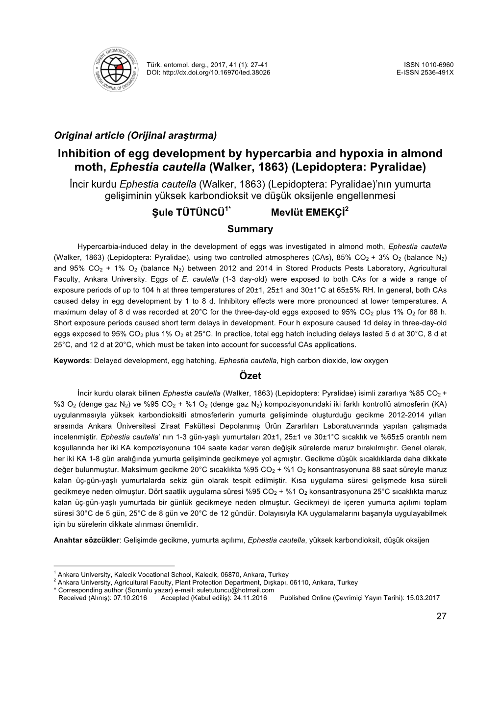 Inhibition of Egg Development by Hypercarbia and Hypoxia in Almond