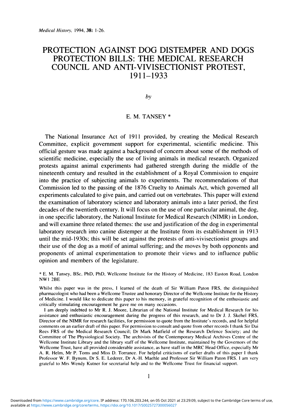 Protection Against Dog Distemper and Dogs Protection Bills: the Medical Research Council and Anti-Vivisectionist Protest, 1911-1933