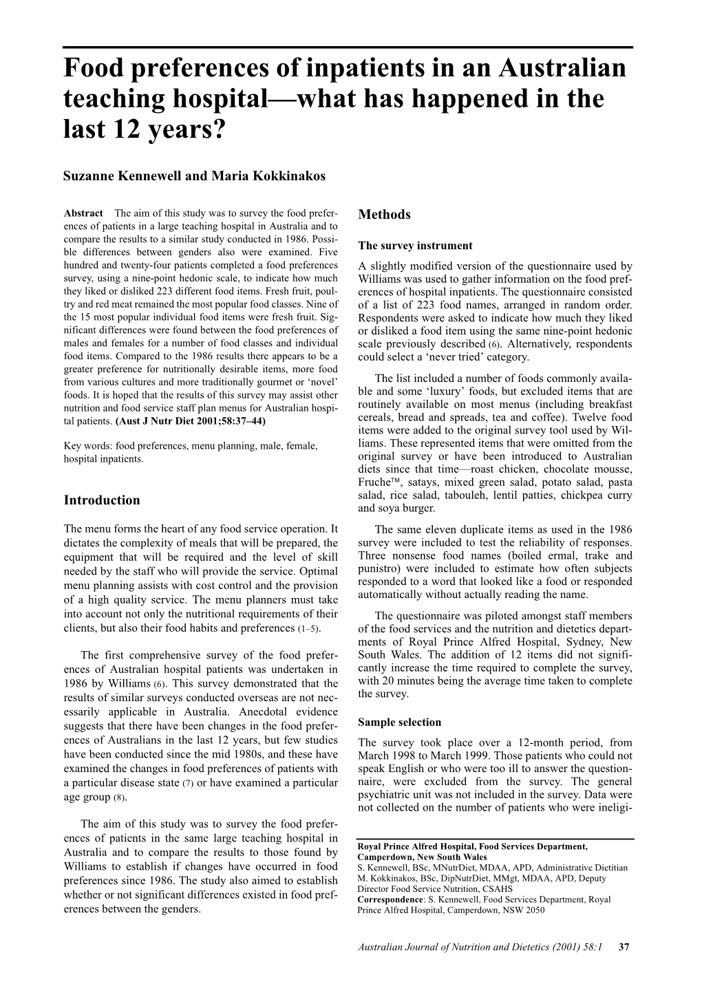 Food Preferences of Inpatients in an Australian Teaching Hospital—What Has Happened in the Last 12 Years?