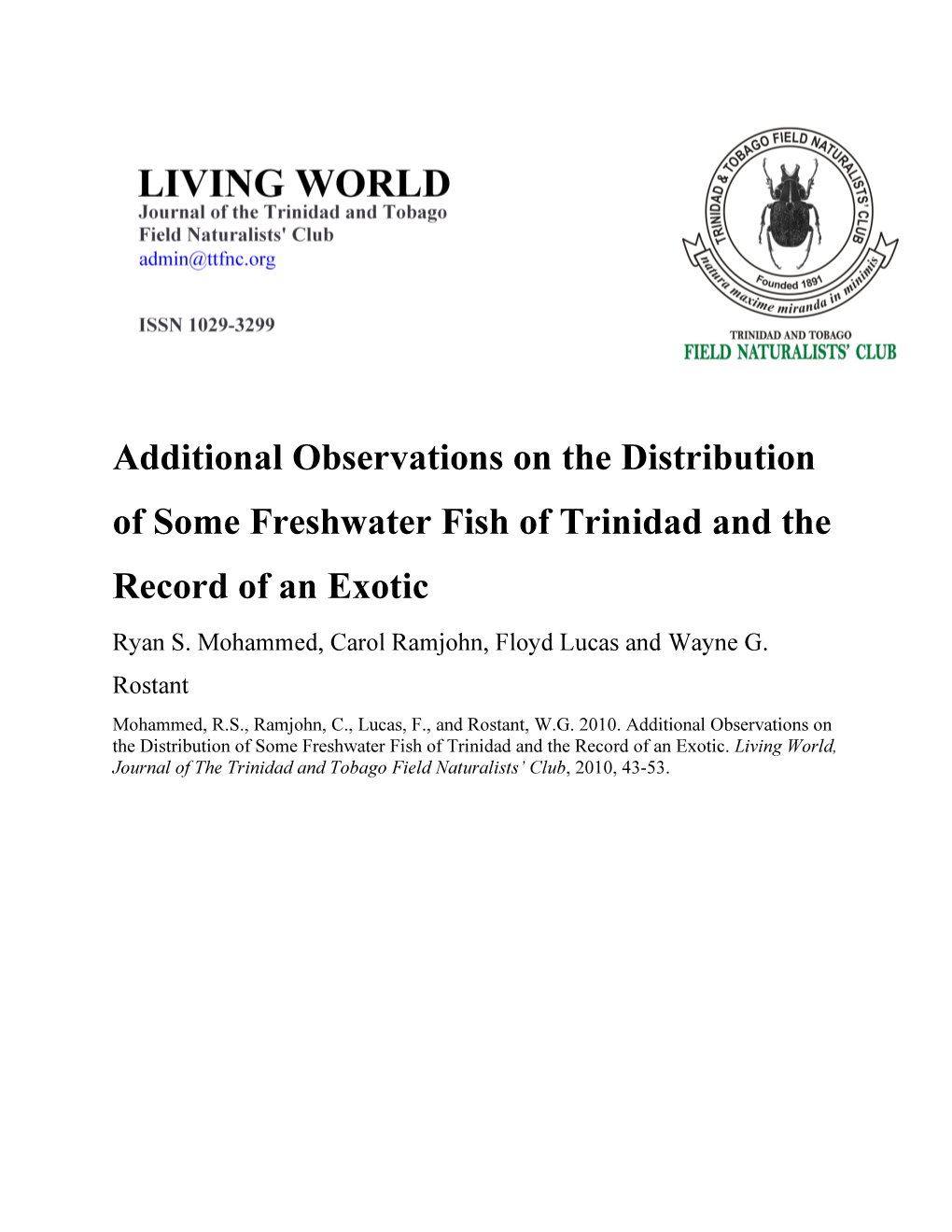 Additional Observations on the Distribution of Some Freshwater Fish of Trinidad and the Record of an Exotic