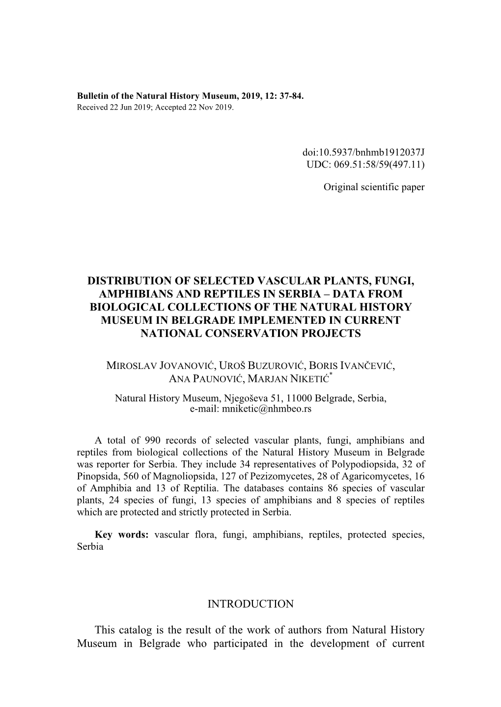 Distribution of Selected Vascular Plants, Fungi, Amphibians and Reptiles in Serbia – Data from Biological Collections of the N