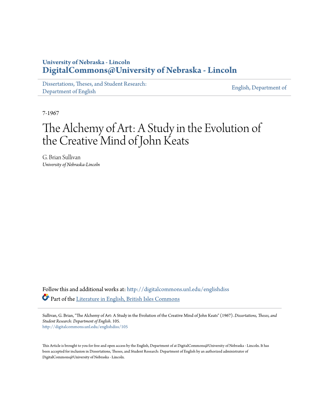 The Alchemy of Art: a Study in the Evolution of the Creative Mind of John Keats G