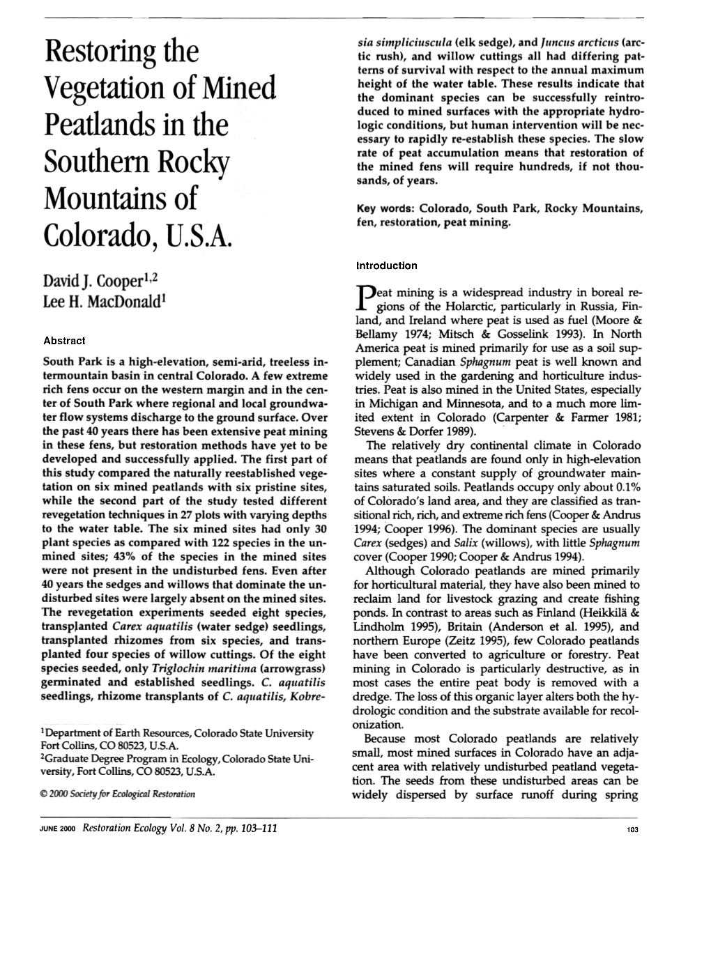 Restoring the Vegetation of Mined Peatlands in the Southern Rocky