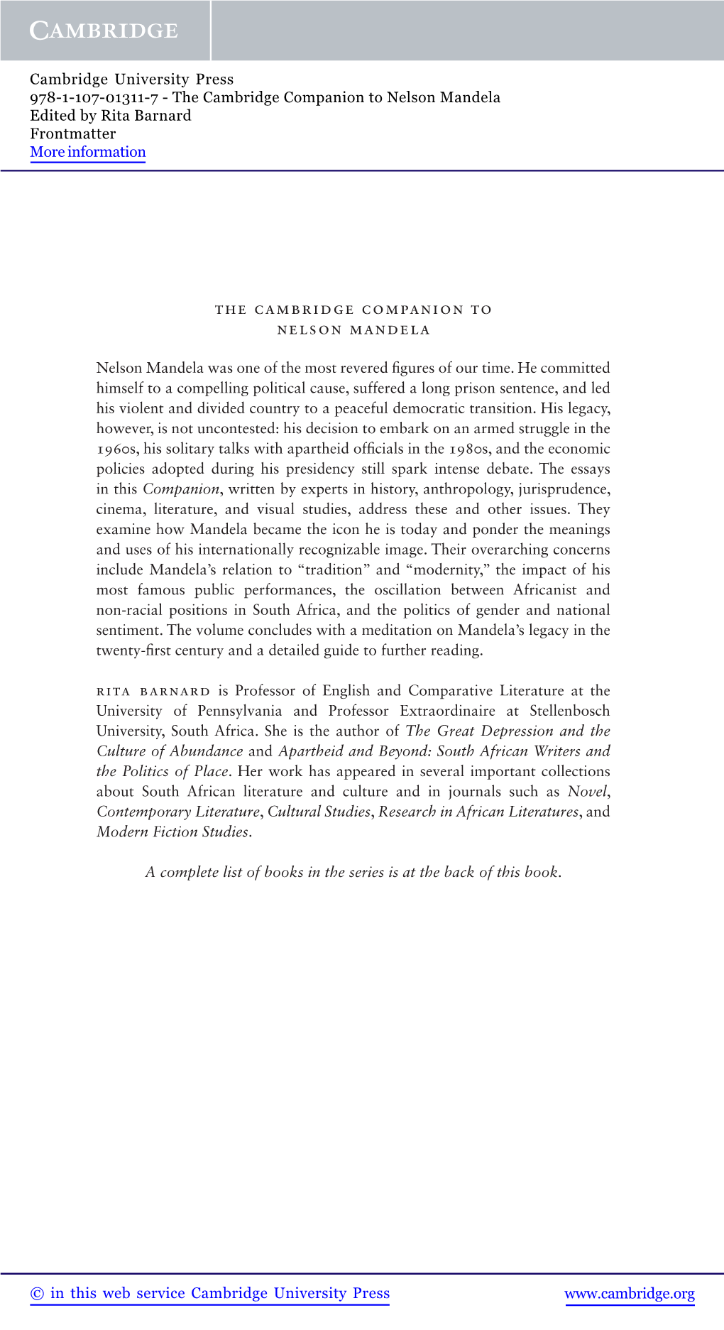 The Cambridge Companion to Nelson Mandela Edited by Rita Barnard Frontmatter More Information