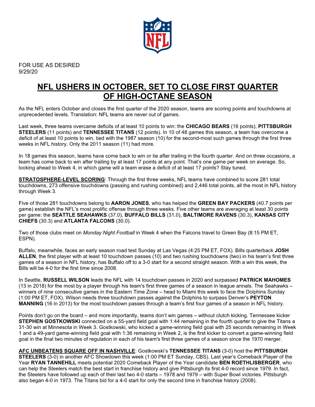 Nfl Ushers in October, Set to Close First Quarter of High-Octane Season