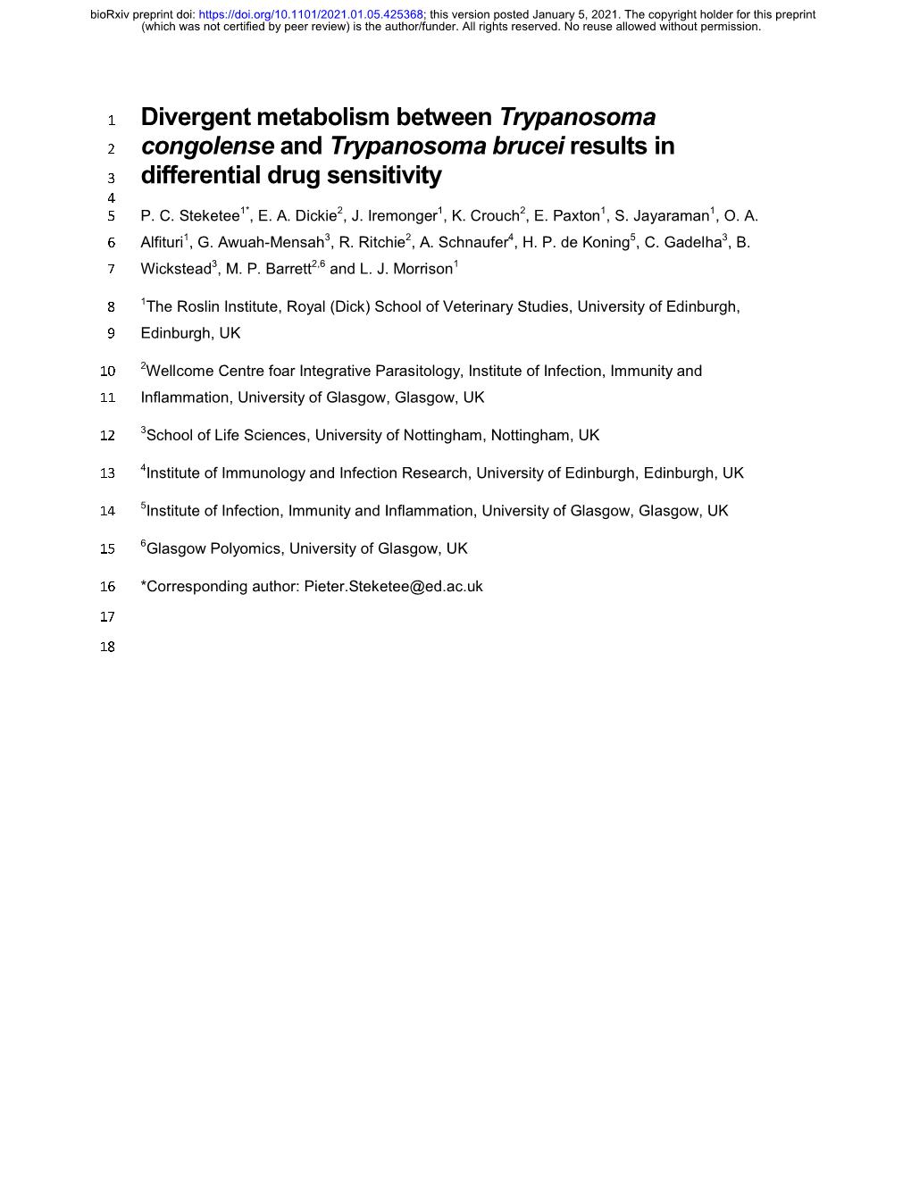 Divergent Metabolism Between Trypanosoma Congolense