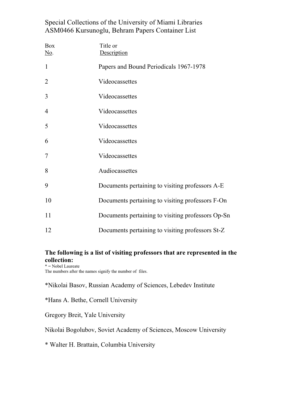 Special Collections of the University of Miami Libraries ASM0466 Kursunoglu, Behram Papers Container List