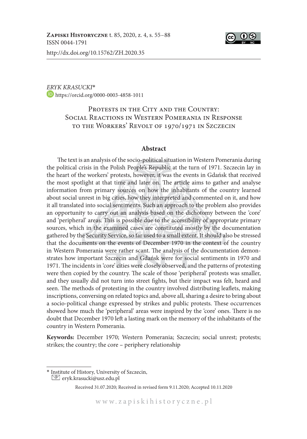 Protests in the City and the Country: Social Reactions in Western Pomerania in Response to the Workers’ Revolt of 1970/1971 in Szczecin