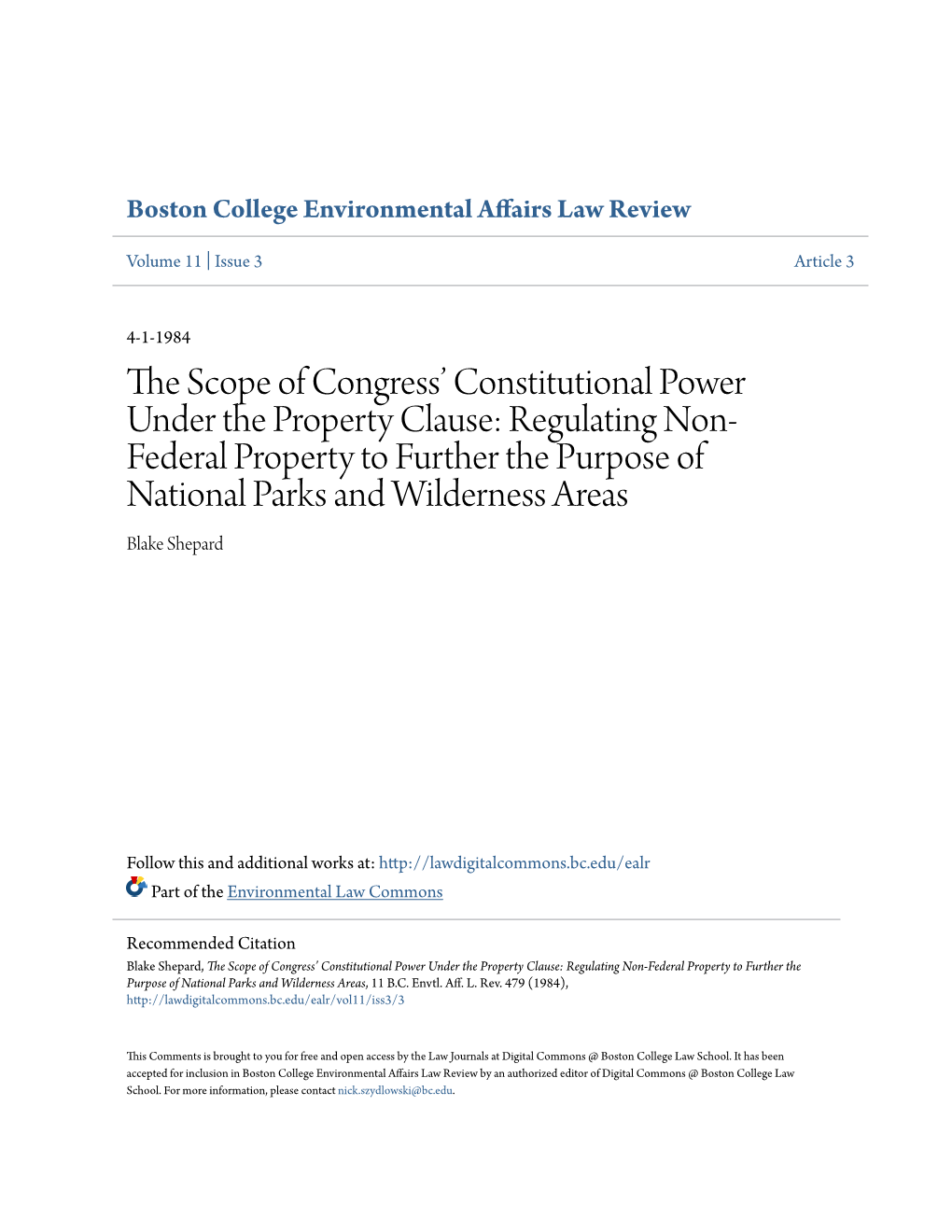 Regulating Non-Federal Property to Further the Purpose of National Parks and Wilderness Areas, 11 B.C