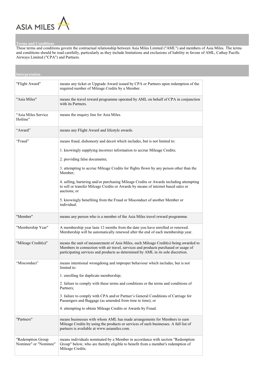 Terms and Conditions These Terms and Conditions Govern the Contractual Relationship Between Asia Miles Limited ("AML") and Members of Asia Miles