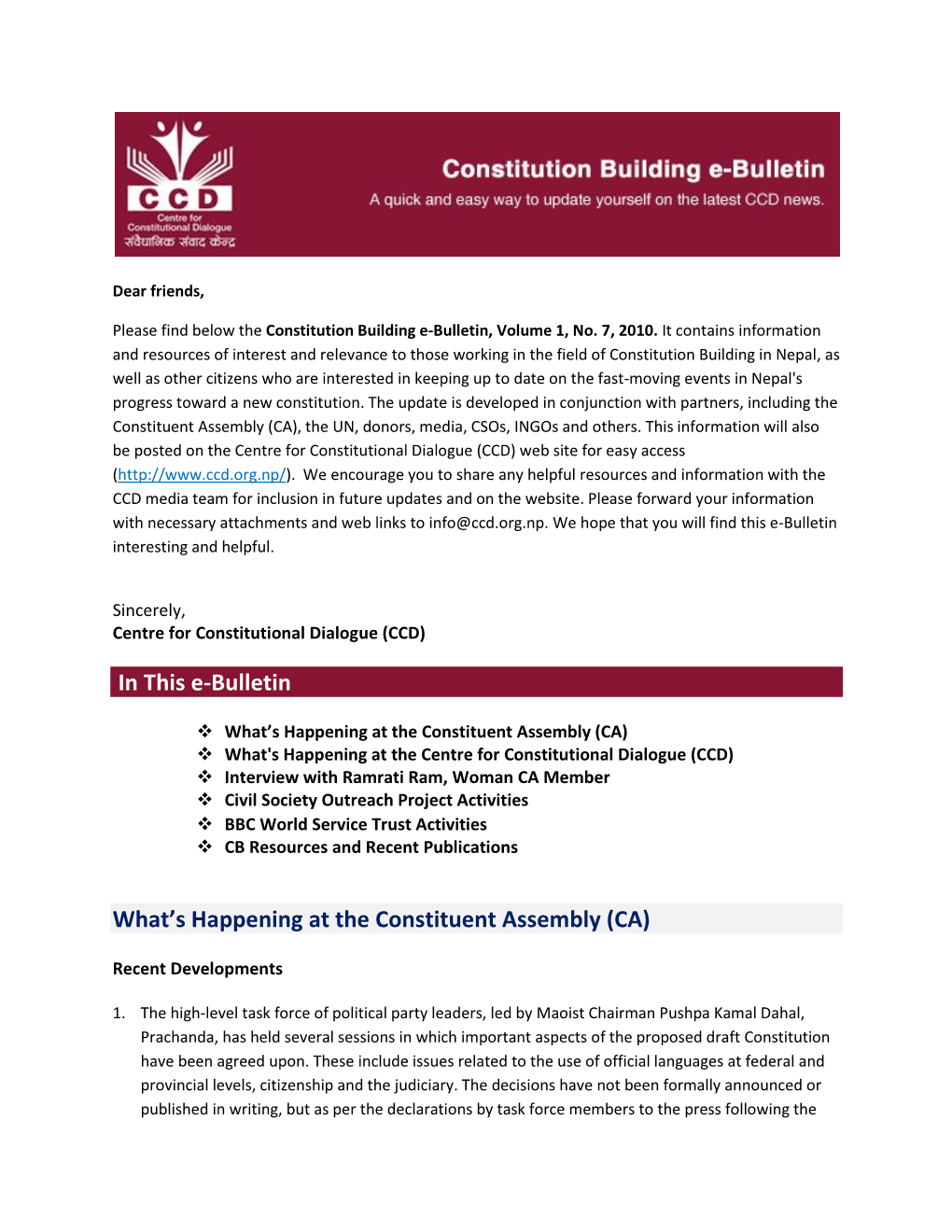 In This E-Bulletin What's Happening at the Constituent Assembly (CA)