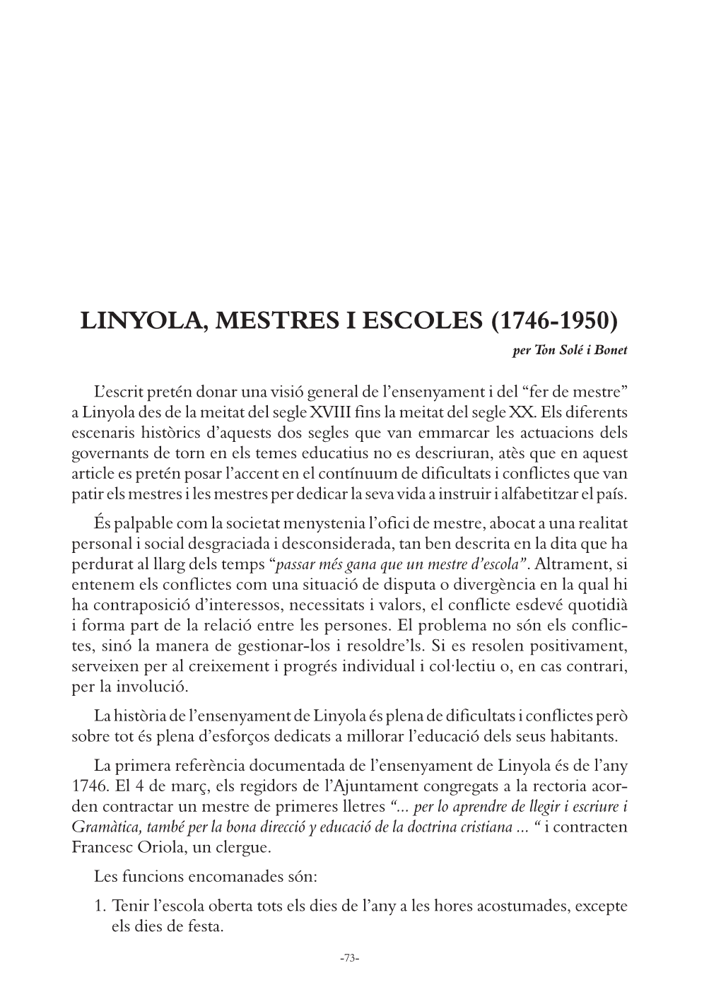 LINYOLA, MESTRES I ESCOLES (1746-1950) Per Ton Solé I Bonet