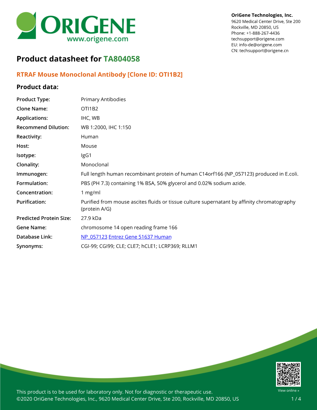 RTRAF Mouse Monoclonal Antibody [Clone ID: OTI1B2] Product Data