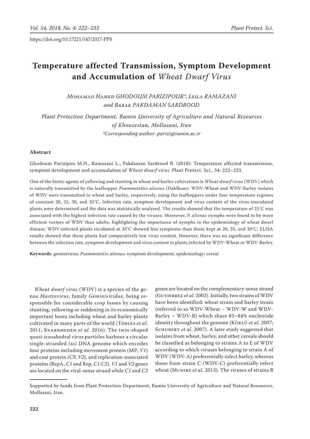 Temperature Affected Transmission, Symptom Development and Accumulation of Wheat Dwarf Virus