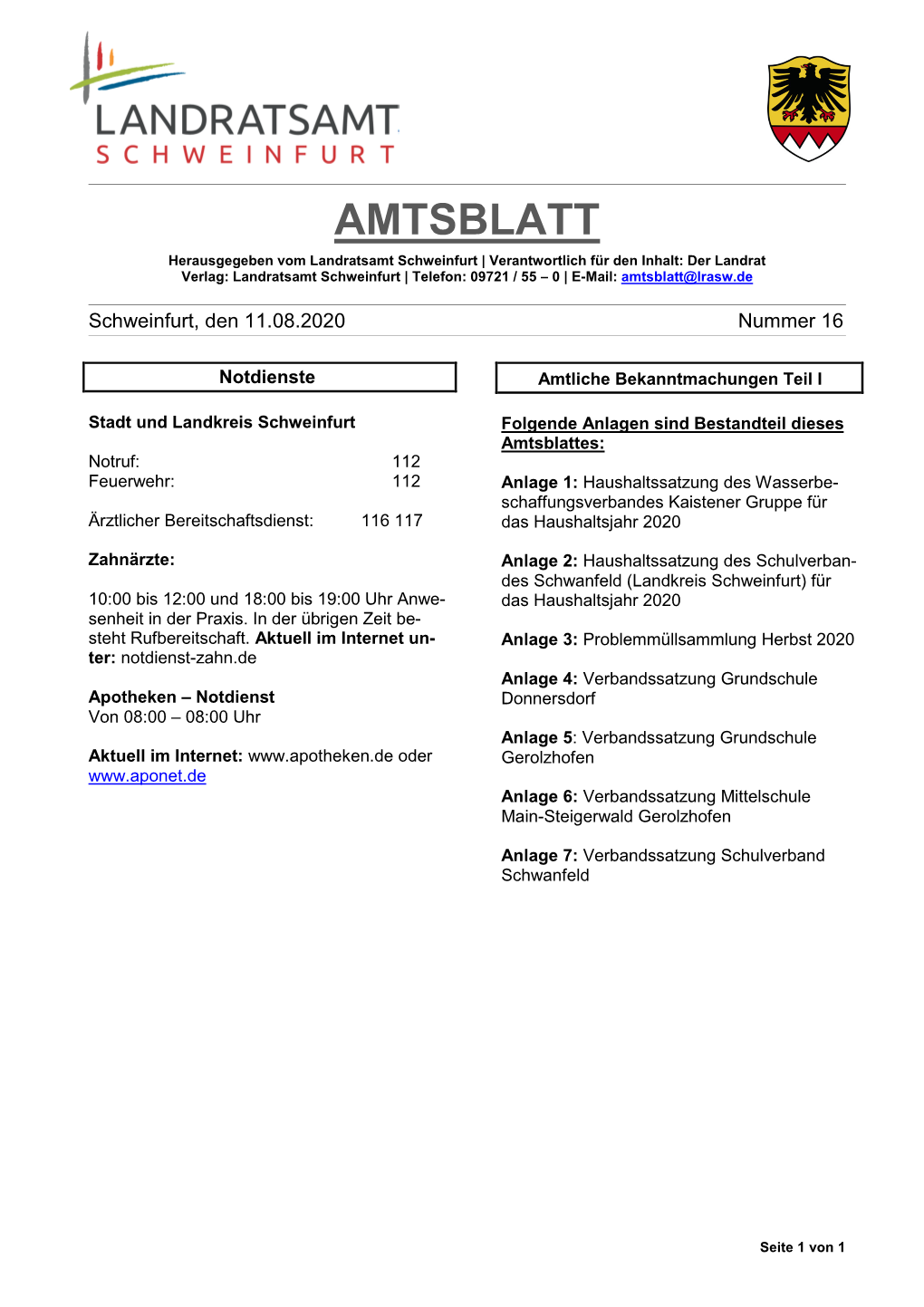 Amtsblatt Nr. 16 Vom 11.08.2020