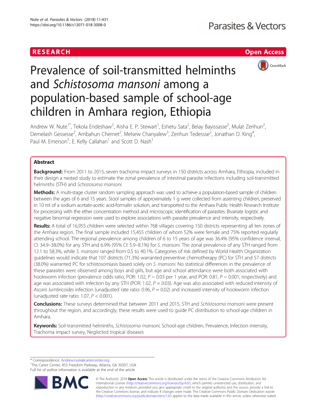 Prevalence of Soil-Transmitted Helminths and Schistosoma Mansoni Among a Population-Based Sample of School-Age Children in Amhara Region, Ethiopia Andrew W