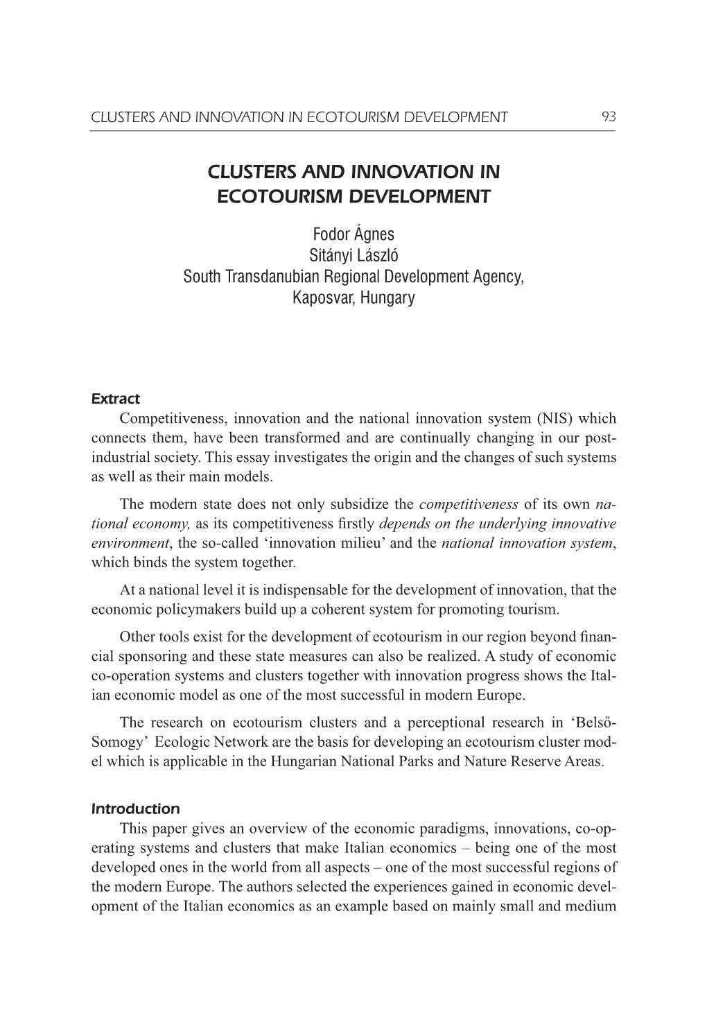 Clusters and Innovation in Ecotourism Development 93