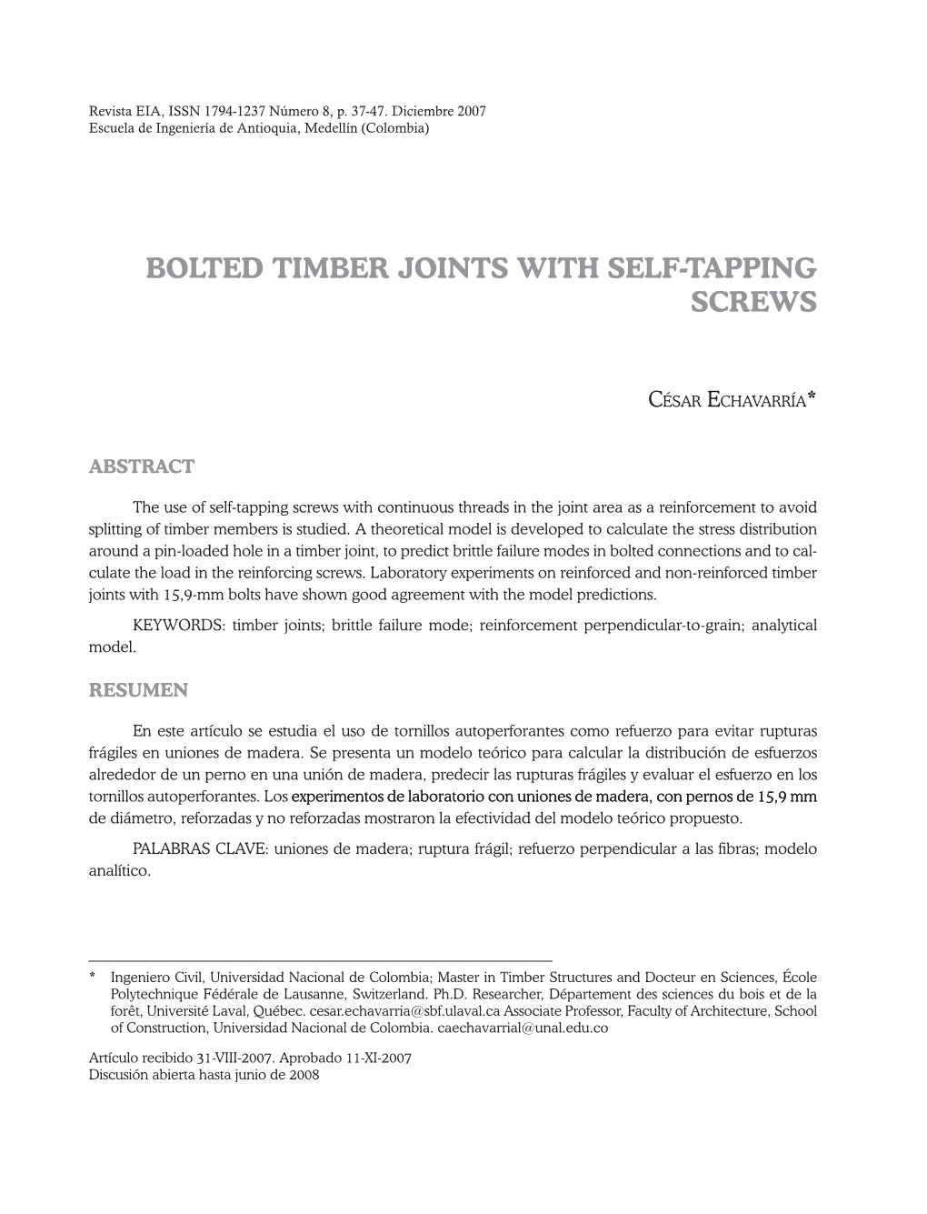 Bolted Timber Joints with Self-Tapping Screws
