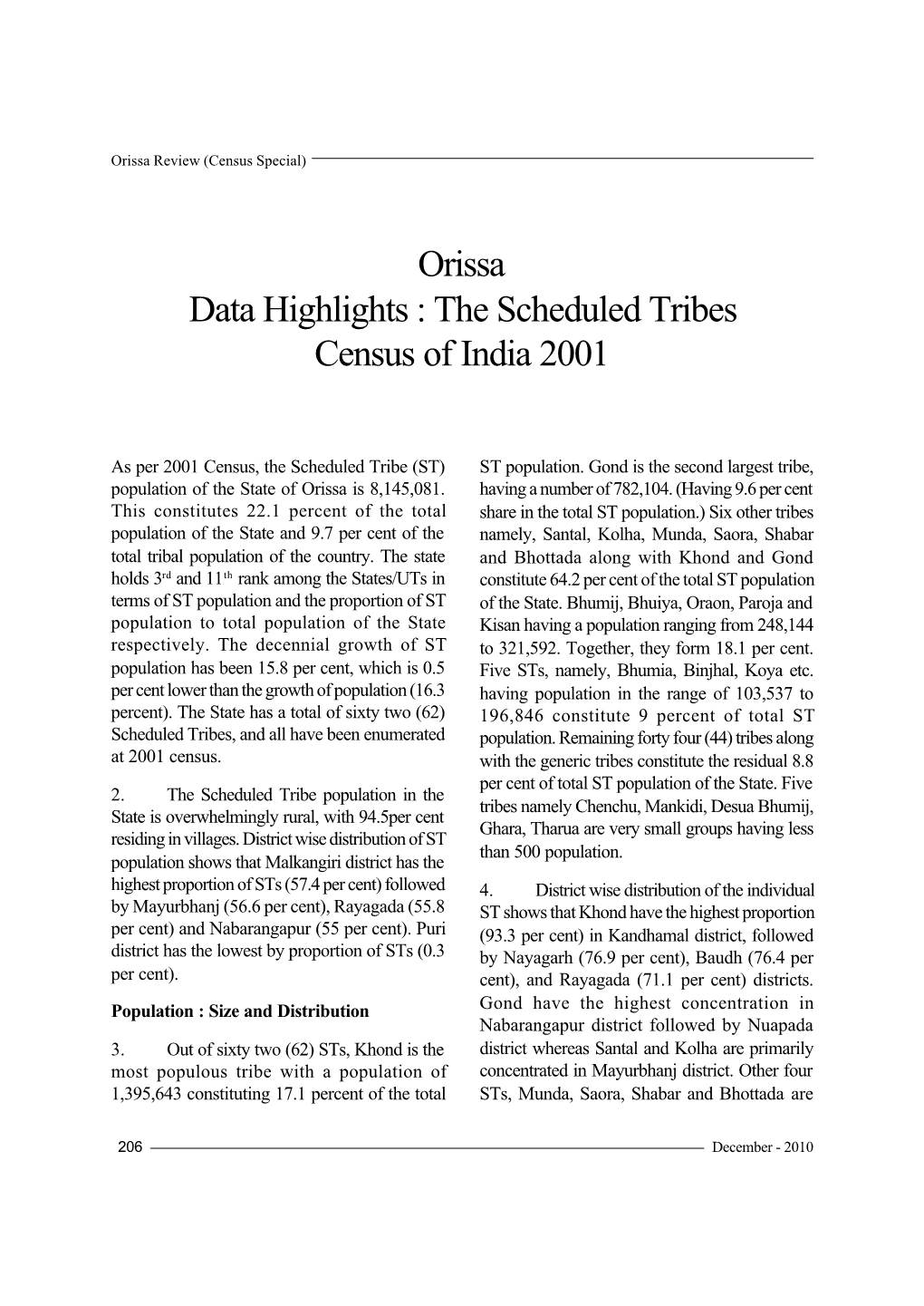 Orissa Data Highlights : the Scheduled Tribes Census of India 2001