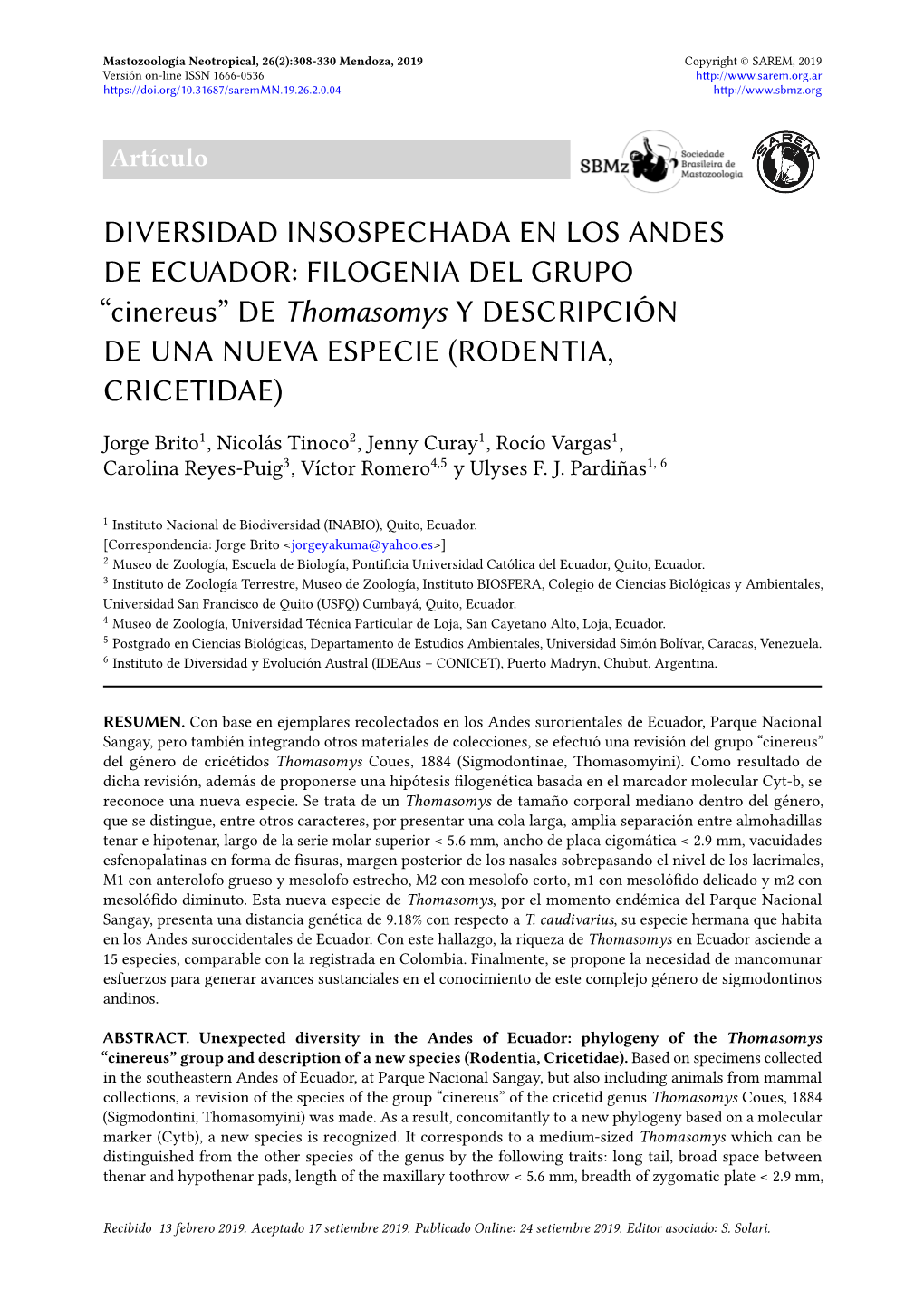 DE Thomasomys Y DESCRIPCIÓN DE UNA NUEVA ESPECIE (RODENTIA, CRICETIDAE)