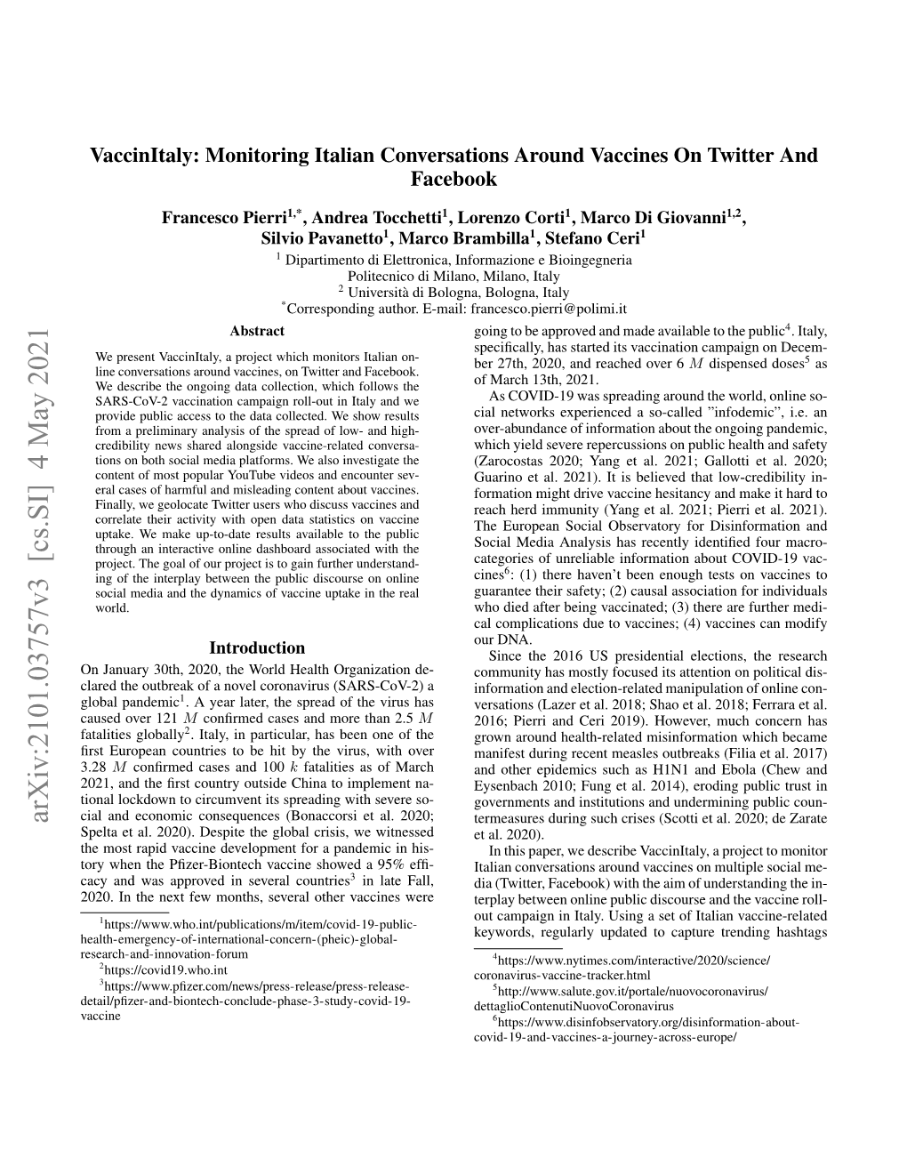 Arxiv:2101.03757V3 [Cs.SI] 4 May 2021 Cial and Economic Consequences (Bonaccorsi Et Al