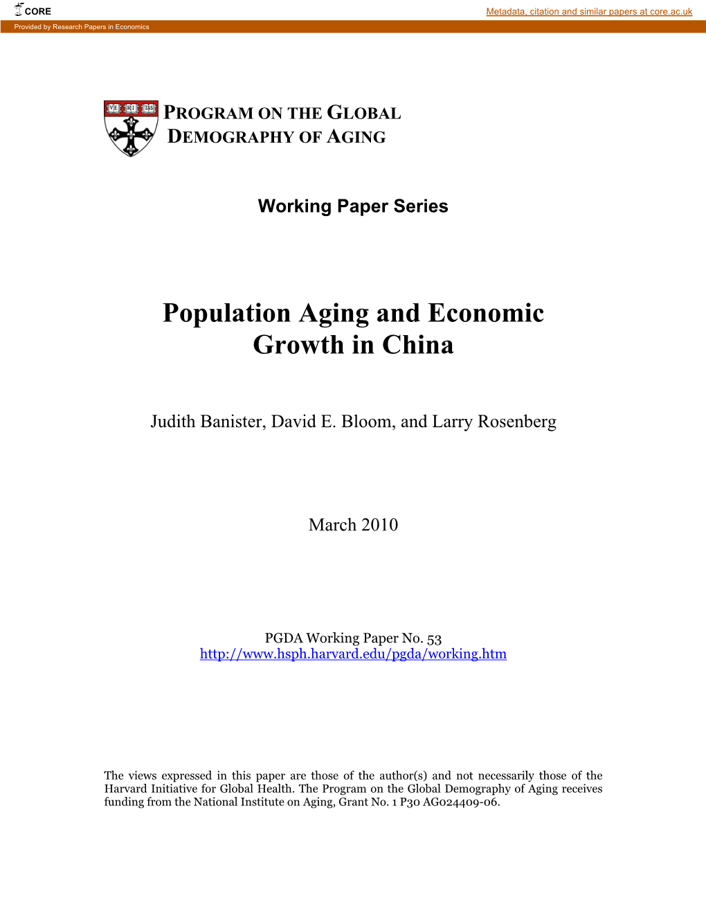 Population Aging and Economic Growth in China