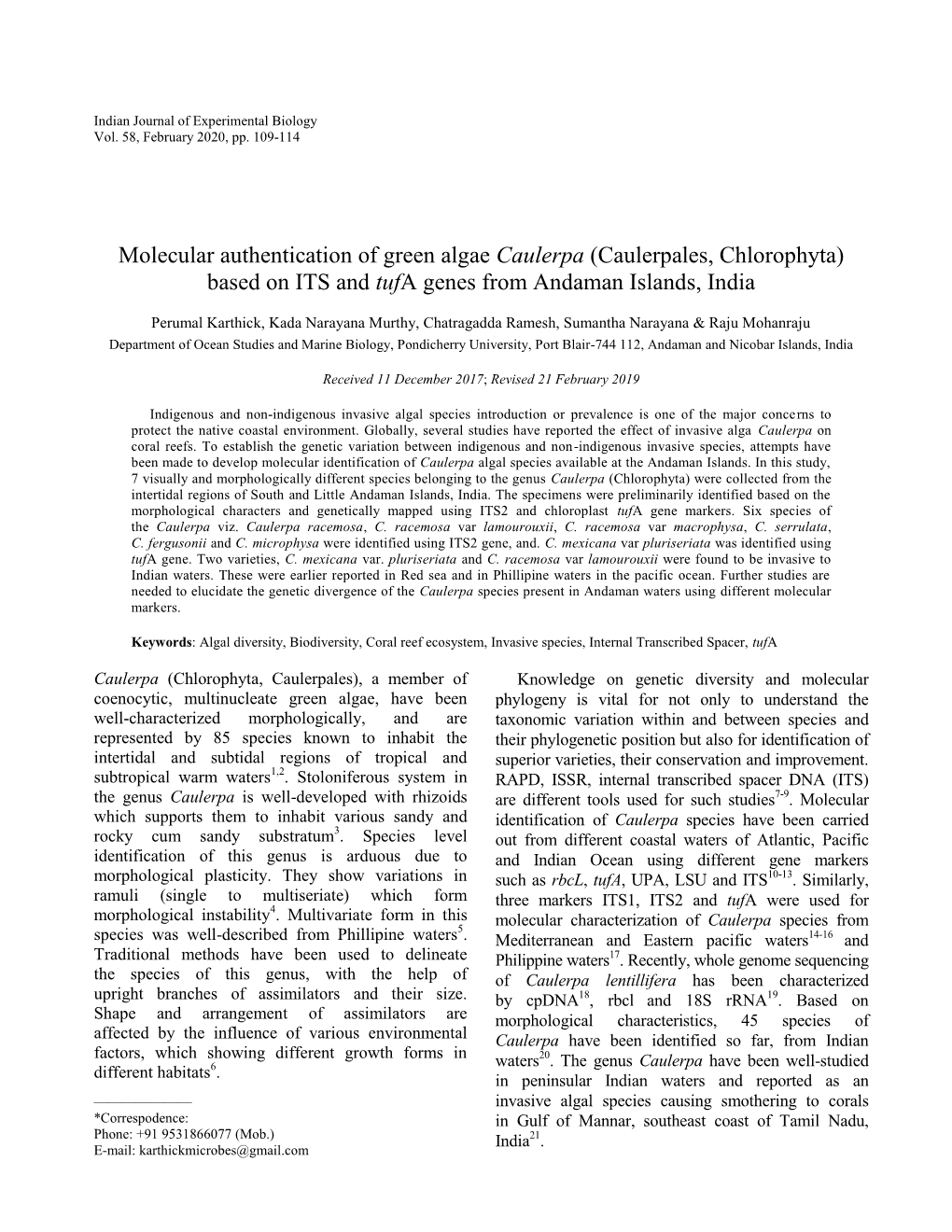 Molecular Authentication of Green Algae Caulerpa (Caulerpales, Chlorophyta) Based on ITS and Tufa Genes from Andaman Islands, India