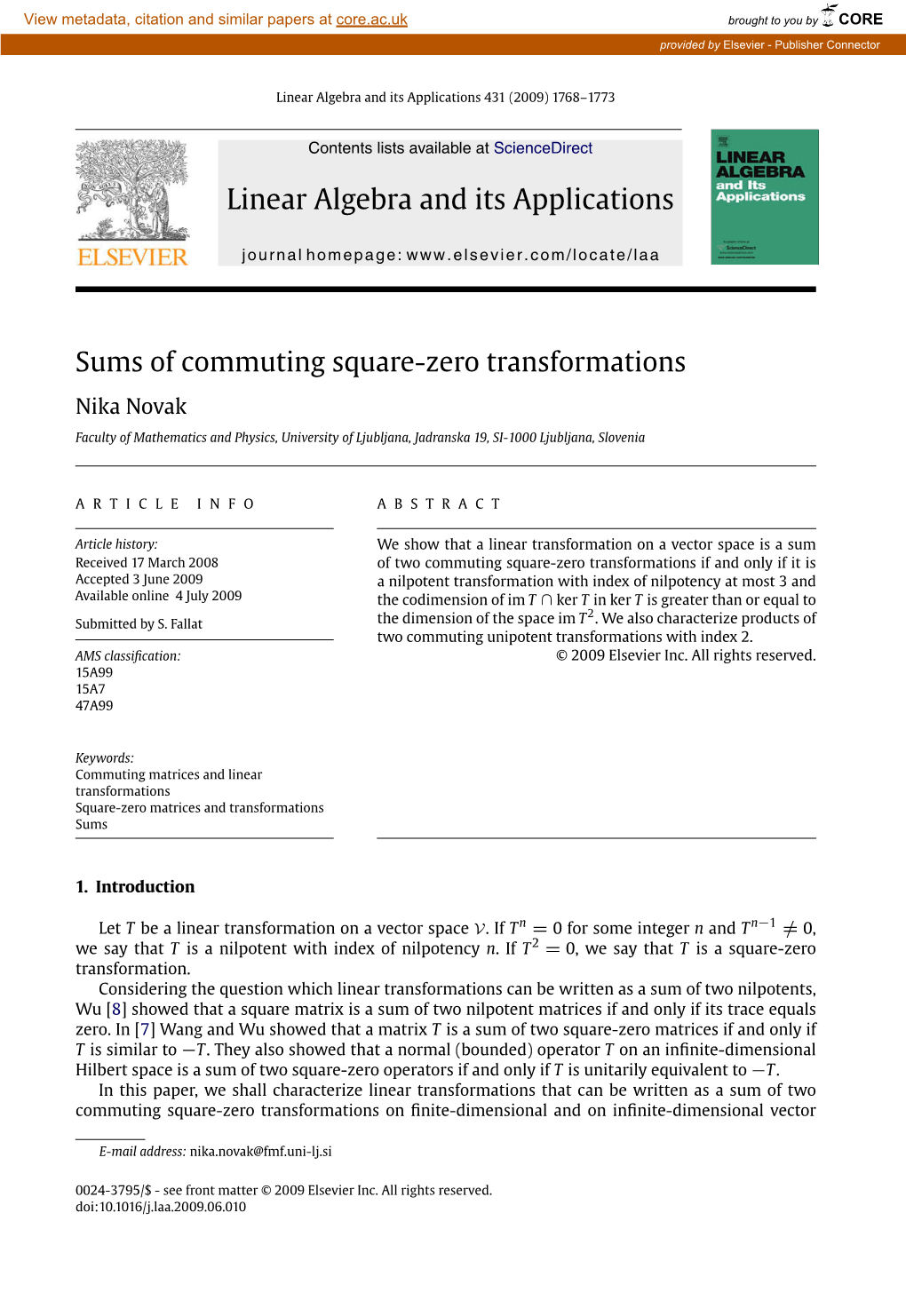 Sums of Commuting Square-Zero Transformations Nika Novak