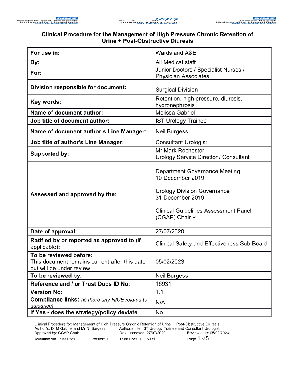 Clinical Procedure for the Management of High Pressure Chronic Retention of Urine + Post-Obstructive Diuresis