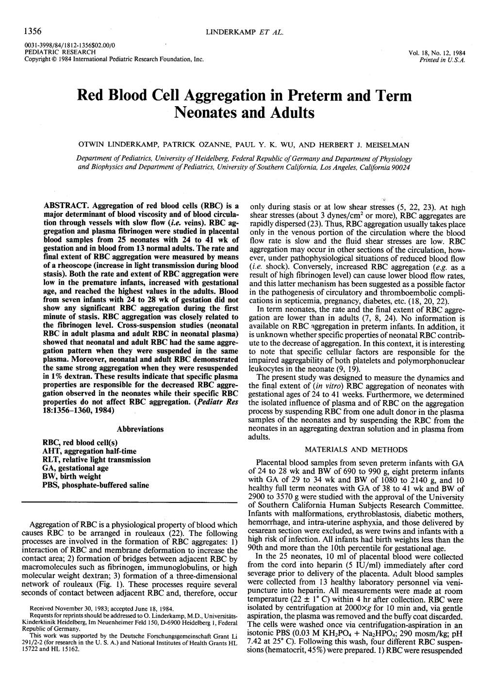 Red Blood Cell Aggregation in Preterm and Term Neonates and Adults