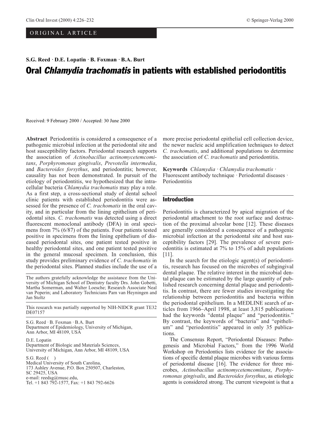 Oral Chlamydia Trachomatis in Patients with Established Periodontitis