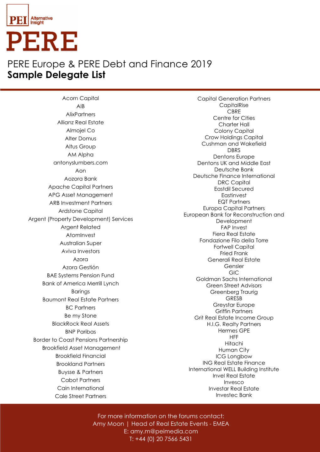 PERE Europe & PERE Debt and Finance 2019 Sample Delegate List