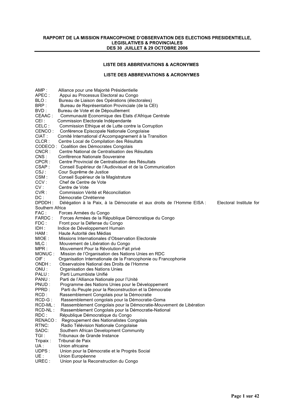 Rapport De La Mission Francophone D'observation Des Elections Presidentielle, Legislatives & Provinciales