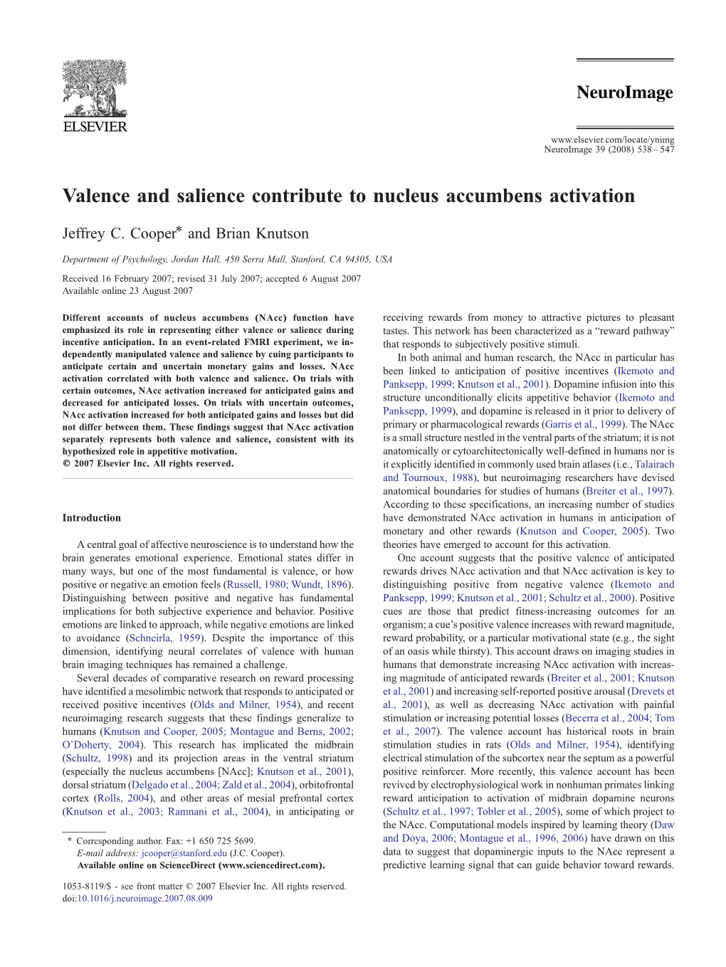 Valence and Salience Contribute to Nucleus Accumbens Activation ⁎ Jeffrey C