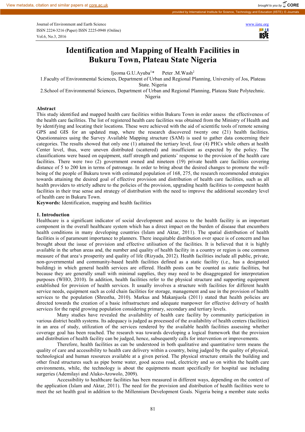 Identification and Mapping of Health Facilities in Bukuru Town, Plateau State Nigeria